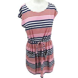 Boden Striped Stretch Knit Short Sleeve Dress Size US S Red Pink Tie Waist Blue